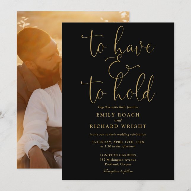 Invitación Tener Y Sostener Foto De Boda Negro Y Oro (Anverso / Reverso)