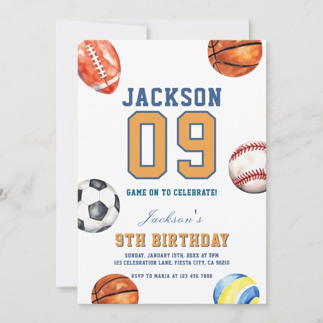 Invitación Tengamos un Cumpleaños Multideportivo (Anverso)