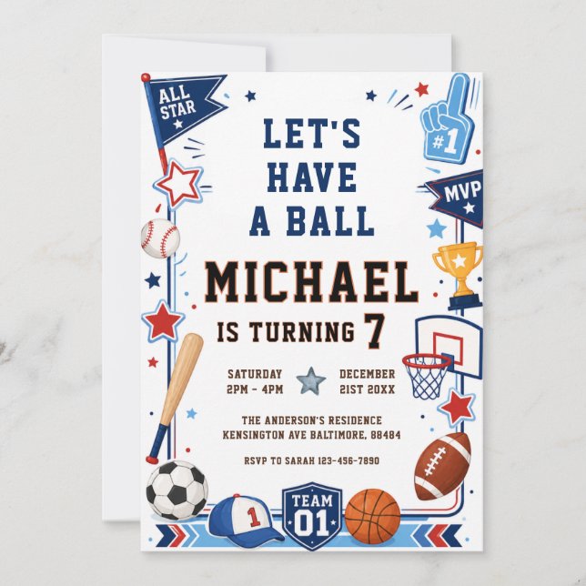 Invitación Tengamos una Fiesta de Cumpleaños Deportiva (Anverso)