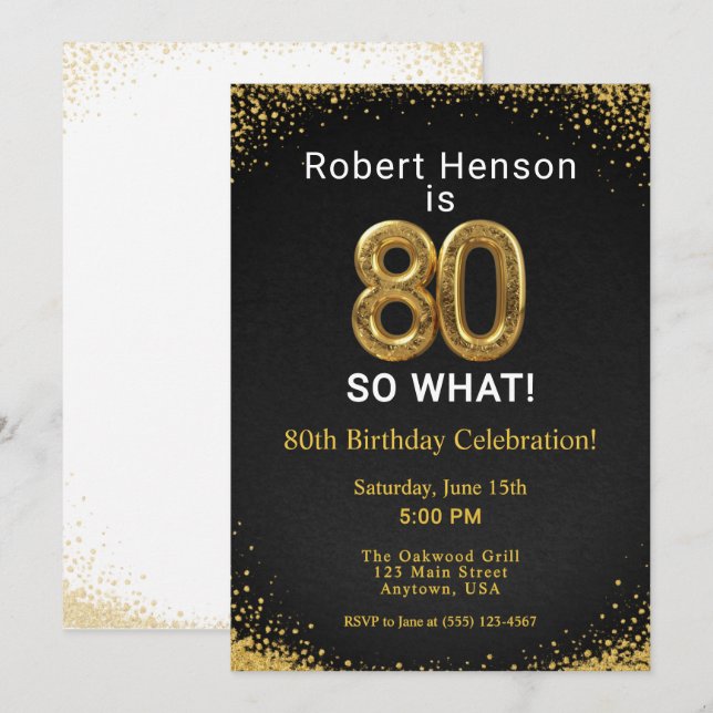 Invitación Tengo 80 ¡Y qué! Oro Negro Cumpleaños 80 (Anverso / Reverso)