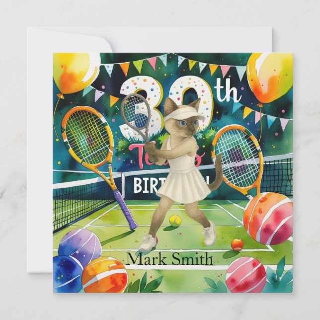 Invitación Tenis 30 años para los amantes del gato siamés (Anverso)