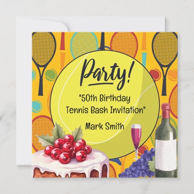 Invitación Tenis 50º cumpleaños con nombre en raqueta tema (Anverso)