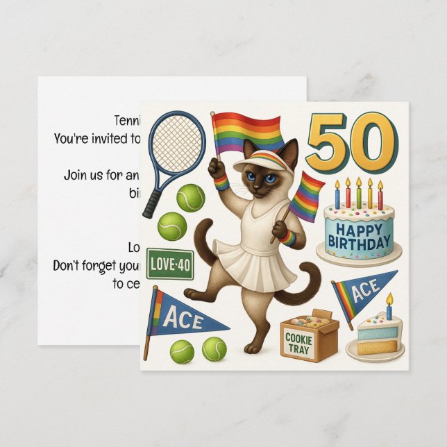 Invitación Tenis 50 años para los amantes del gato (Anverso / Reverso)