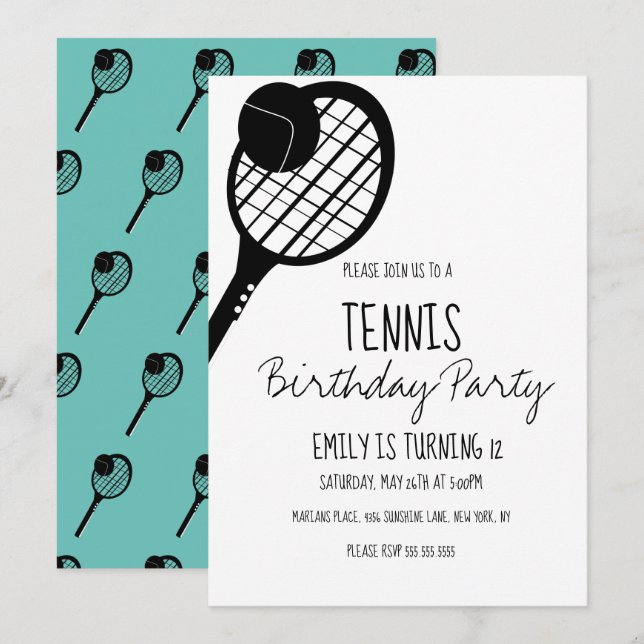 Invitación Tenis Mínimo Cumpleaños Deportes Negro Blanco (Anverso / Reverso)