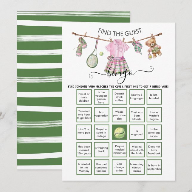 Invitación Tenis Preppy Encuentra el BINGO invitado (Anverso / Reverso)