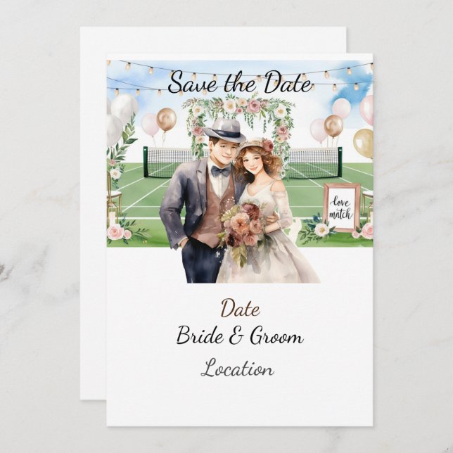 Invitación Tenis Salven la fecha de boda de jugador de tenis (Anverso / Reverso)