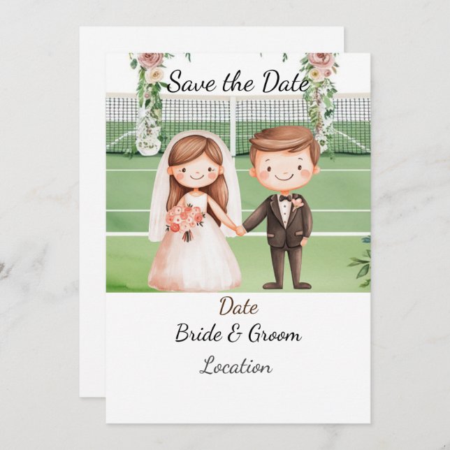 Invitación Tenis Salven la fecha de boda de jugador de tenis (Anverso / Reverso)