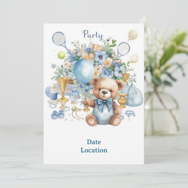 Invitación Tennis Baby Shower para Baby Boy con temática azul (Anverso de pie)