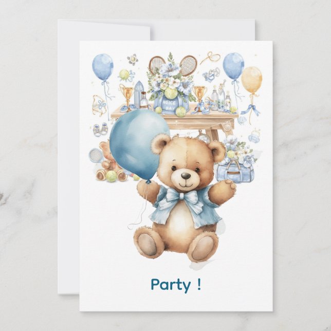 Invitación Tennis Baby Shower para Baby Boy con temática azul (Anverso)