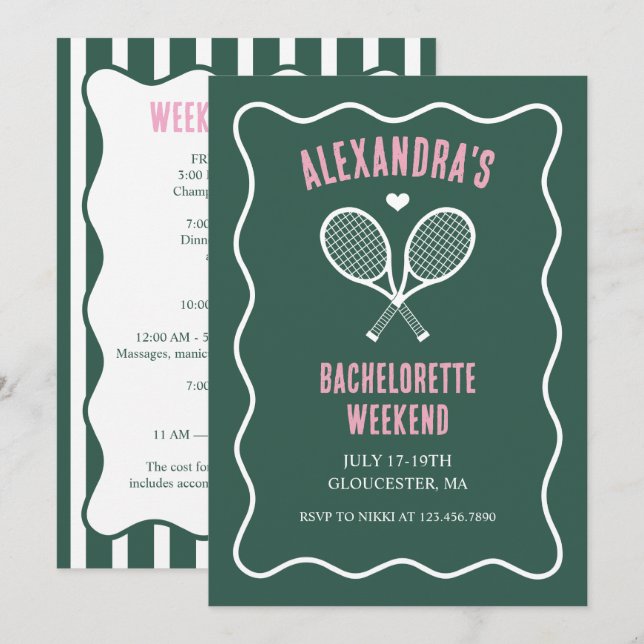 Invitación Tennis Bachelorette party preppy green (Anverso / Reverso)