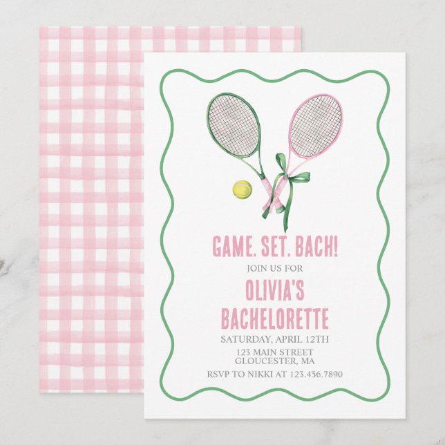 Invitación Tennis Bachelorette party preppy plaid pink green (Anverso / Reverso)
