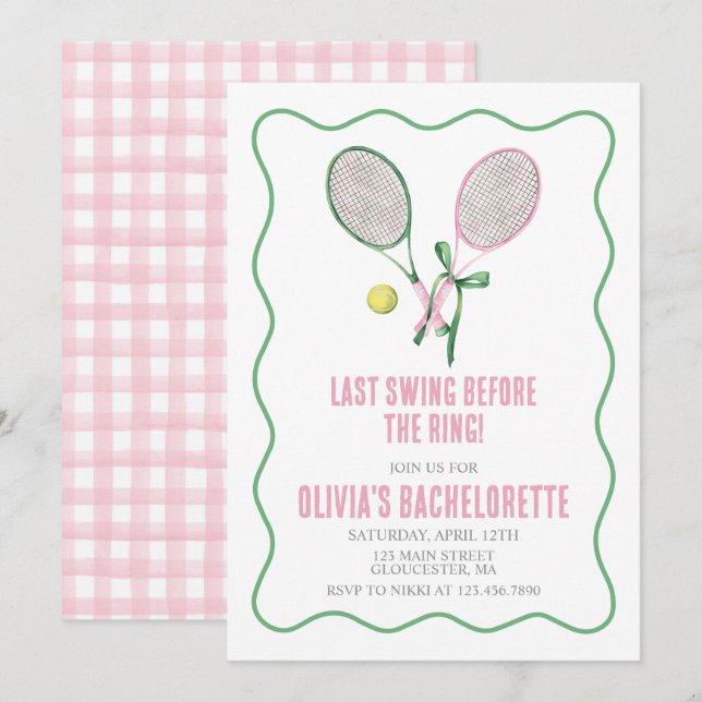 Invitación Tennis Bachelorette party preppy plaid pink green (Anverso / Reverso)