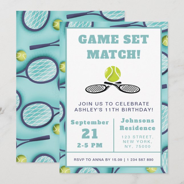 Invitación Tennis Kids 11th Birthday Party Sport Theme Racket (Anverso / Reverso)