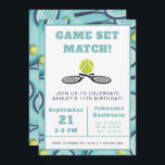 Invitación Tennis Kids 11th Birthday Party Sport Theme Racket<br><div class="desc">¡Esta invitación fresca y moderna,  con un patrón de tenis y texto personalizado,  sería genial para el cumpleaños del tenista! Añade fácilmente tu información haciendo clic en la opción "personalizar esta plantilla".</div>