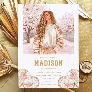 Invitación Tennis Luxury Adolescente Birthday Pink Gold