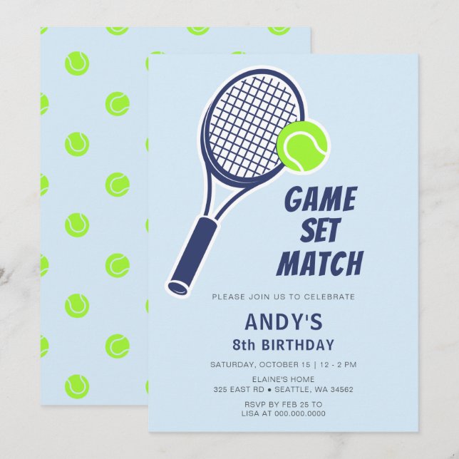 Invitación Tennis Racquet Blue Boys cumpleaños (Anverso / Reverso)