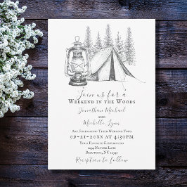 Invitación Tent, Lantern and Woodland Sketch Camping Wedding