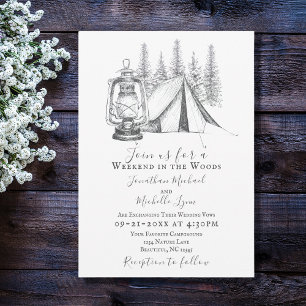 Invitación Tent, Lantern and Woodland Sketch Camping Wedding