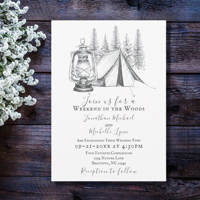 Invitación Tent, Lantern and Woodland Sketch Camping Wedding (Subido por el creador)