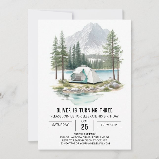 Invitación Tenting rústico en cumpleaños de los Pines (Anverso)