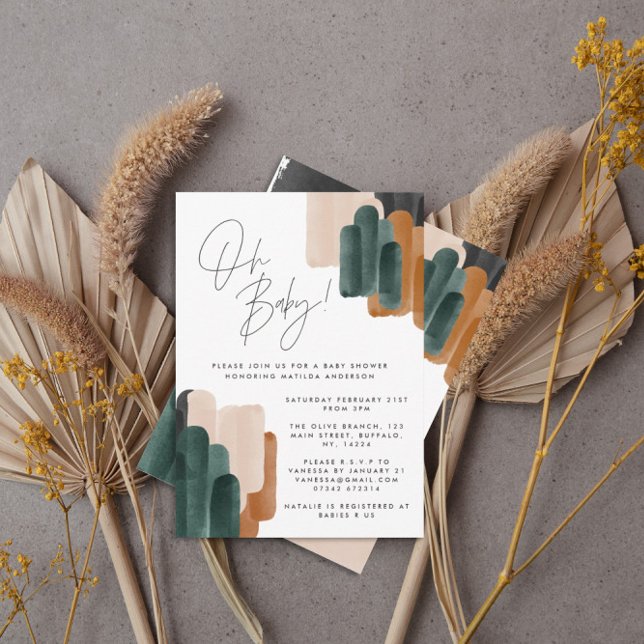 Invitación Teracota verde abstracta acuarela ducha de bebé (Subido por el creador)