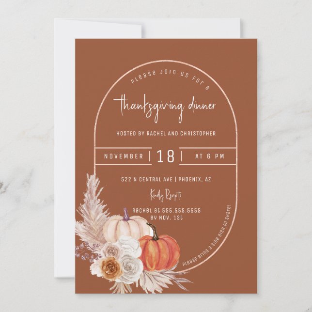 Invitación Teracotta Boho Arch Pumpkins Cena de Acción de Gra (Anverso)