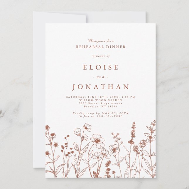 Invitación Teracotta Fall Boho Wildflower Ensayo Cena (Anverso)