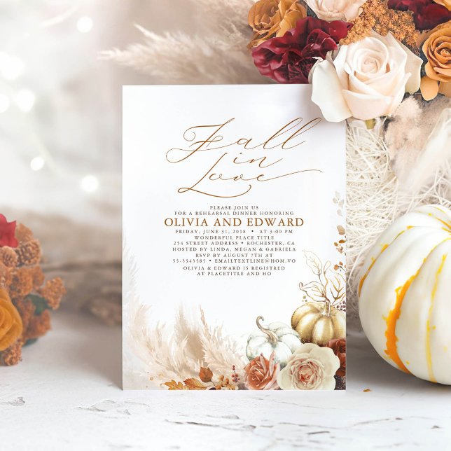 Invitación Teracotta Floral Calabazas Caídas Cena ensayada (Fall in Love Pumpkins Boho Rehearsal Dinner Invitation)