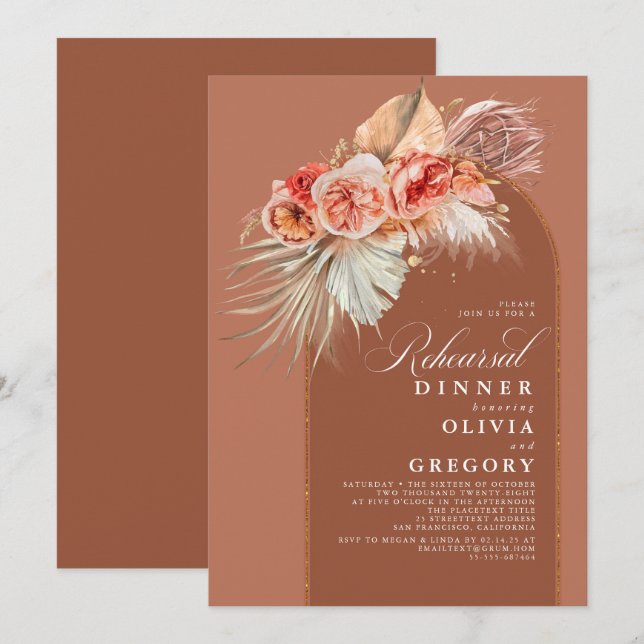 Invitación Teracotta Floral Pampas Ensayo de Grass Cena (Anverso / Reverso)