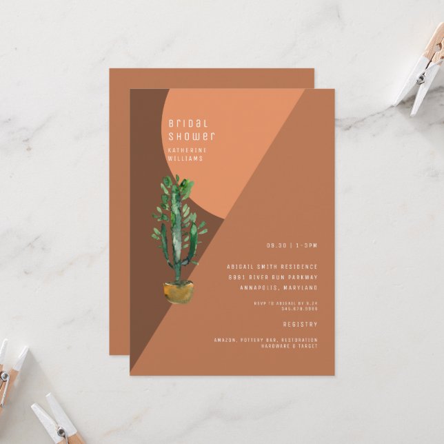 Invitación Teracotta Geométrica Cactus Moderno Ducha Bridal (Anverso/Reverso In Situ)