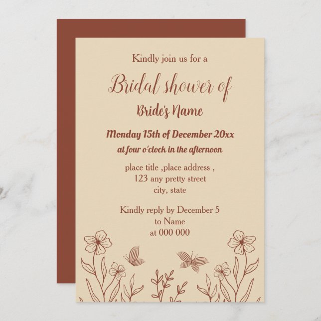 Invitación Teracotta romántica elegante ducha de novia floral (Anverso / Reverso)