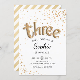 Invitación Tercer cumpleaños - Blanco dorado