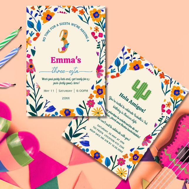 Invitación Tercer cumpleaños cactus floral mexicano - Three-e (Subido por el creador)