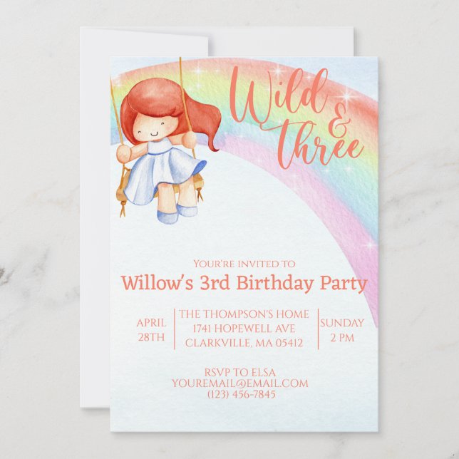 Invitación tercer cumpleaños de arco iris salvaje y libre (Anverso)