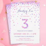 Invitación Tercer cumpleaños de chicas<br><div class="desc">¡Celebra el cumpleaños de tu hijo de 3 años con coloridos confeti rosado y morado en estas invitaciones de cumpleaños de 3 años! Con los detalles del fiesta de su hija y un "3" en confeti. La parte posterior tiene un diseño de confeti con un suave color de lavanda. Este...</div>