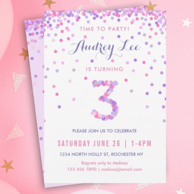 Invitación Tercer cumpleaños de chicas (Pink and purple confetti for your 3 year old's birthday party!)