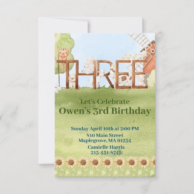 Invitación Tercer cumpleaños de corral de animales de granja (Anverso)