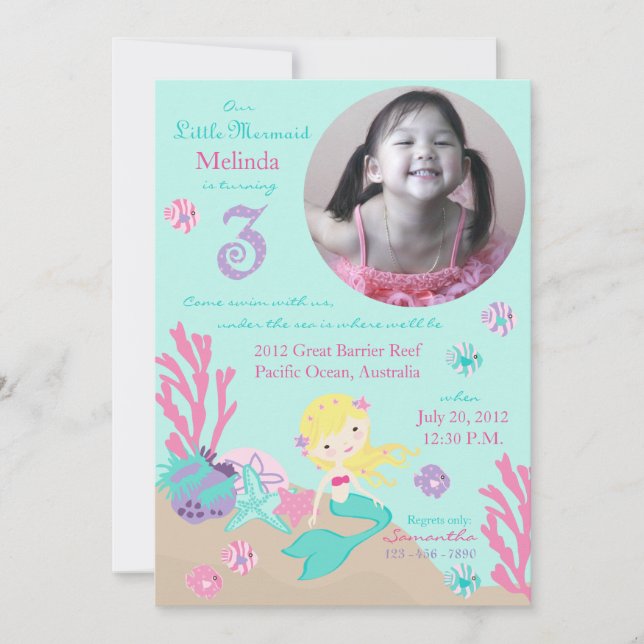Invitación Tercer cumpleaños de la sirena rubia (Anverso)