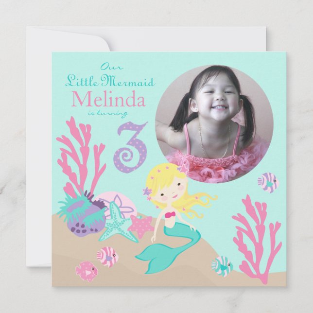 Invitación Tercer cumpleaños de la sirena rubia (Anverso)