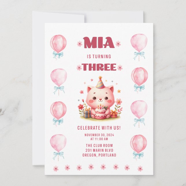Invitación Tercer cumpleaños de Mia (Anverso)
