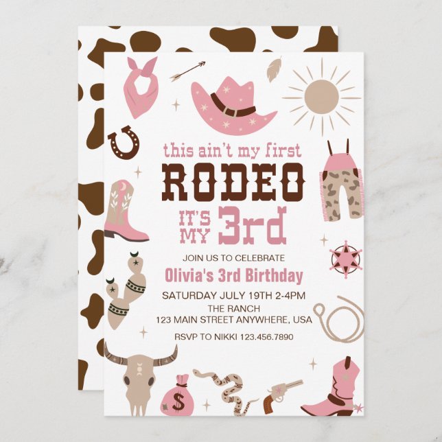 Invitación Tercer cumpleaños de Rodeo Western Cowgirl (Anverso / Reverso)