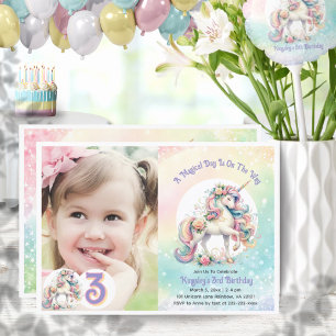 Invitación Tercer cumpleaños de Unicornio Pastel Rainbow