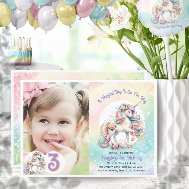 Invitación Tercer cumpleaños de Unicornio Pastel Rainbow (Third 3rd Unicorn Birthday Party Pastel Rainbow Invitation)