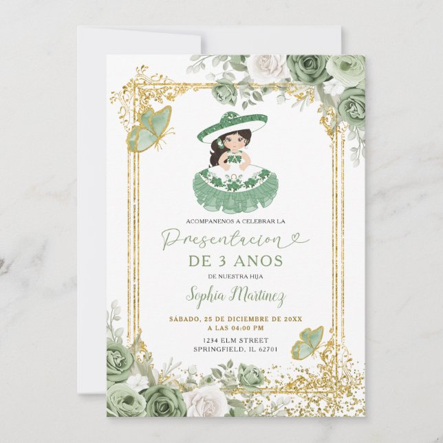 Invitación Tercer cumpleaños del Chica español verde sabio de (Anverso)