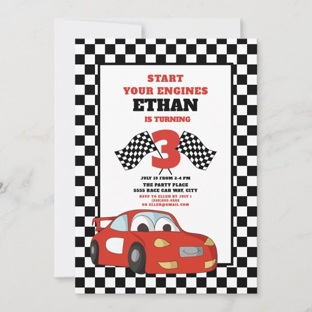Invitación Tercer cumpleaños del niño con coche de carreras r (Anverso)