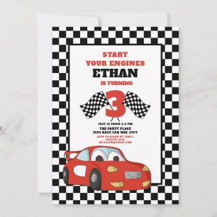 Invitación Tercer cumpleaños del niño con coche de carreras r