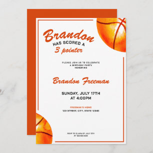 Invitación Tercer cumpleaños Naranja y baloncesto blanco