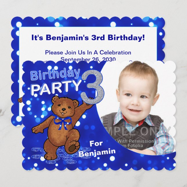 Invitación Tercer cumpleaños Personalizado Fiesta de oso  de  (Anverso / Reverso)