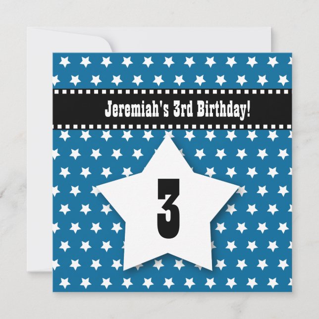 Invitación Tercer cumpleaños TRES estrellas azules V01B del (Anverso)