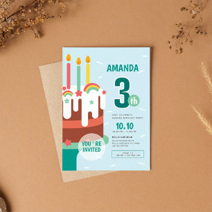 Invitación Tercer Fiesta de cumpleaños de niños con pastel y 